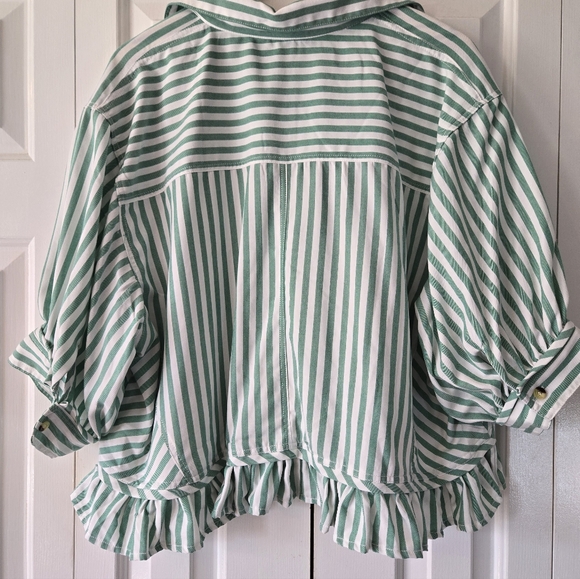 Striped Ruffle-Hem Button-Up Top - Green XL - Picture 8 of 9